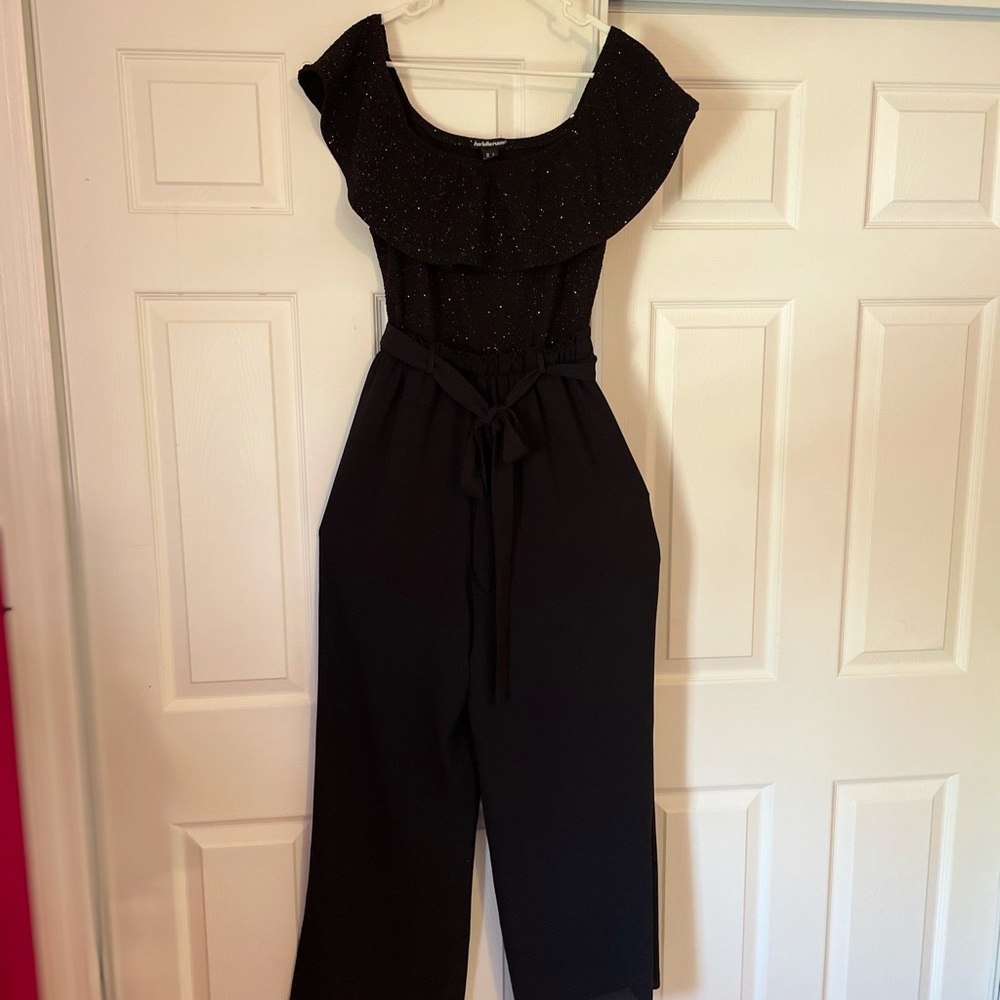 CHARLOTTE RUSSE Black sparkle jumpsuit, off shoulders drawstrings. Size L